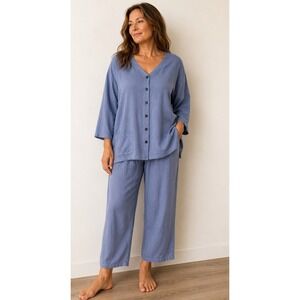 Island Republic Blue 100% Linen 2 Piece Lounge Set Boho Coastal Relaxed Fit M/L